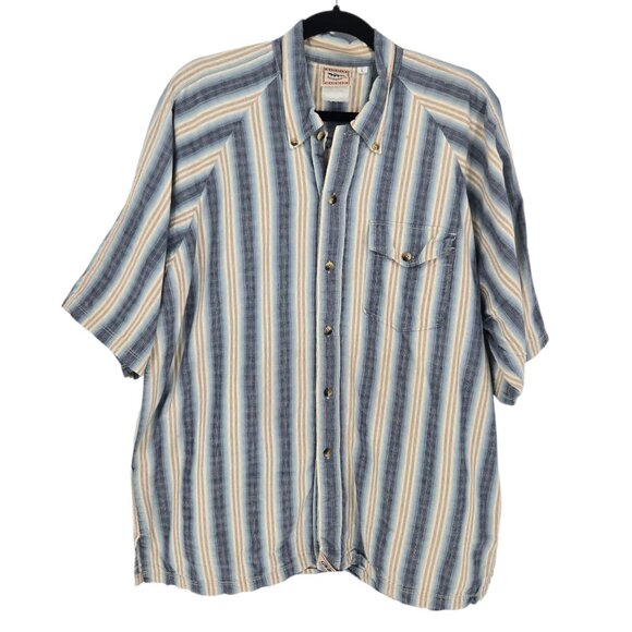Gotcha Co mens large Vintage blue tan stripe short sleeve button down 90s surf
